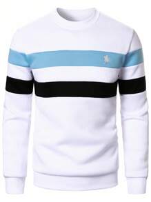 Manfinity Homme Men's Casual Horseback Embroidery Contrast Striped Print Pullover Sweatshirt, Spring & Autumn, Men White Sweater, Men Striped Sweater, Long Sleeve Men Sweater - Multicolor - View 3