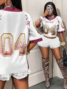 BamGleam Áo thun nữ cổ tròn tay ngắn dáng rộng thoải mái in số - trắng - Xem 1