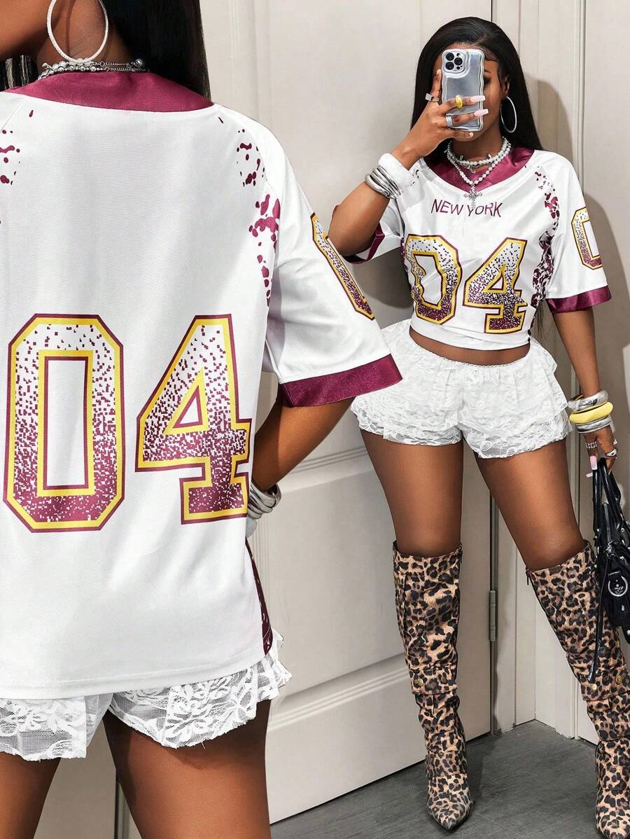 BamGleam Áo thun nữ cổ tròn tay ngắn dáng rộng thoải mái in số - trắng - Xem 1