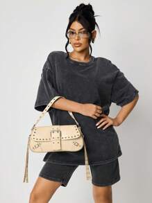 SHEIN X Lucía Bellido SHEIN SXY Túi đeo vai nữ, Túi Hobo, Thời trang, Đơn giản, Cá nhân hóa, Đa năng, Đường phố, Ngầu, Đinh tán, Tua rua, Cho buổi hẹn hò, Hàng ngày, Mua sắm - Màu be - Xem 8