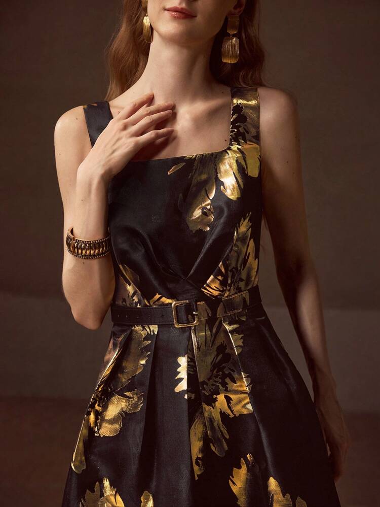 FLORAL PRINT BELTED MIDI DRESS
