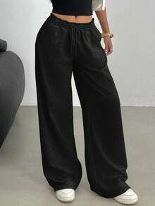 SHEIN 青少年女孩休闲松紧腰阔腿运动裤，适合春、夏、秋、冬 - 黑色 - 查看 9