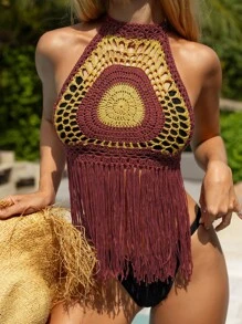 Swim Vcay 女士度假撞色流苏下摆镂空领罩衫 - 彩色 - 查看 3