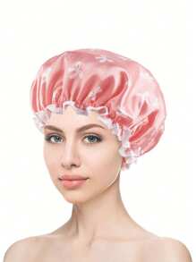 1pc, Double-Layer Waterproof And Reusable Women_s Bath Cap With Bowknot Pattern Shower Cap, Elastic Bathing Hair Cover For Women, Hair Cover For Kitchen And Home Use Home Bathroom Decor Summer Back To School