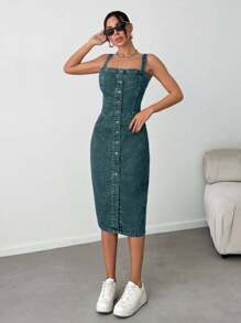 EURMUSE Slant Pocket Button Front Overall Denim Midi Dress - Dusty Blue - View 3