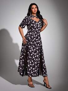 Viva Relle Vestido elegante de vacaciones con mangas abullonadas y bajo con abertura, talla grande