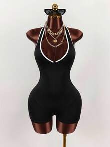 Amplova Color-Block Halter Backless Jumpsuit Jumpsuit For Summer - Black and White - View 3