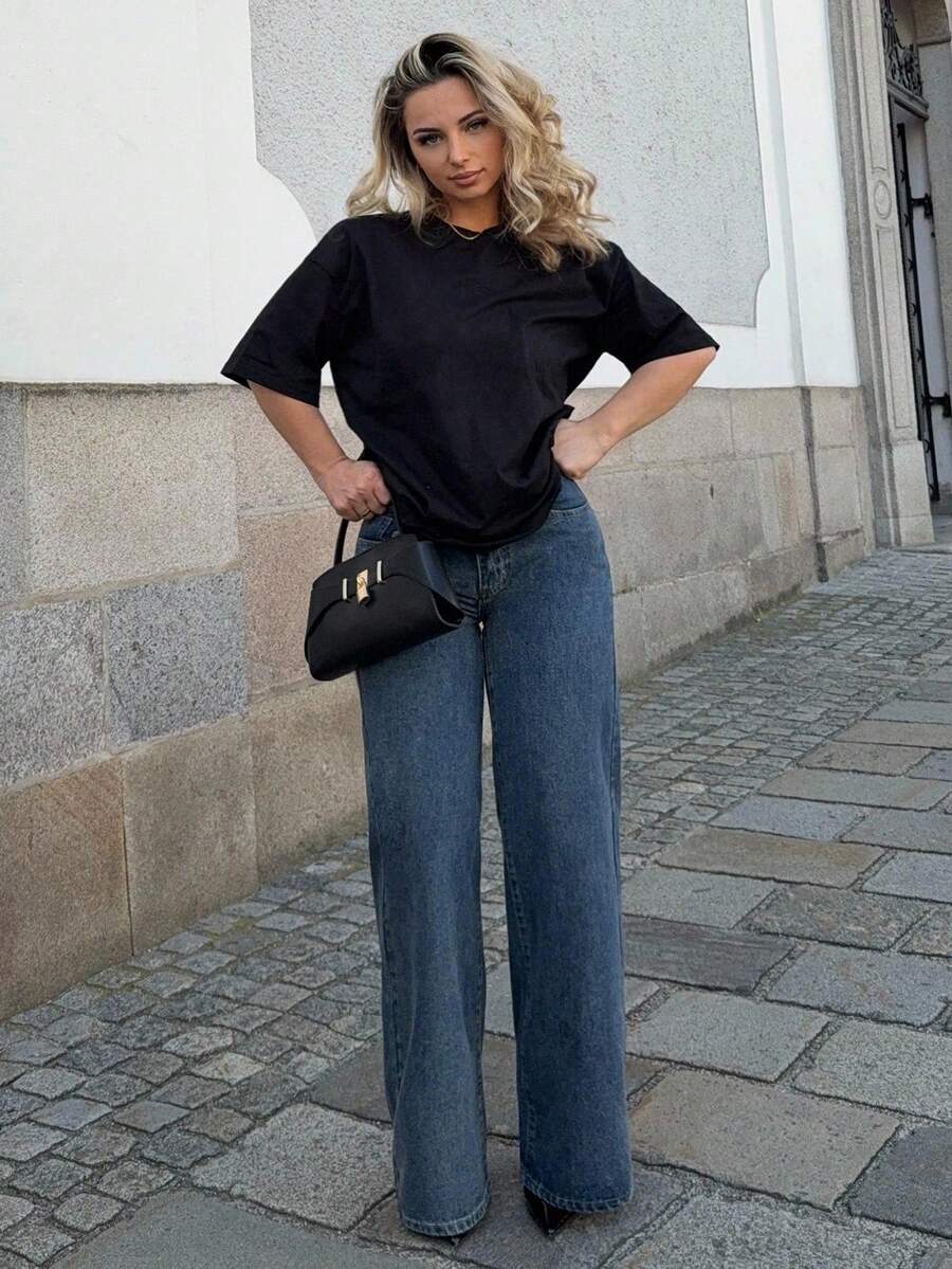 Jeta Ari 纯色口袋休闲百搭阔腿牛仔裤 - 中等水洗藍 - 查看 1