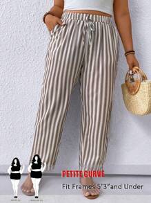 SHEIN PETITE CURVE Plus Size Color Block Striped Cone Shaped Casual Vacation Pants, Petite Plump - Khaki - View 1
