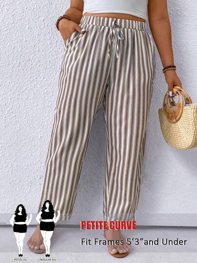 SHEIN PETITE CURVE Plus Size Color Block Randig konformad Casual Vacation Byxor, Petite Plump