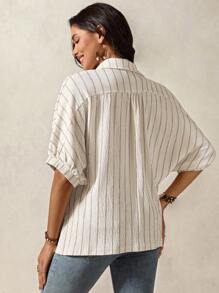 Boho Mama 孕妇条纹蝙蝠袖短袖纽扣前开襟休闲衬衫西部牛仔布女装波西米亚风女士服装波西米亚风时尚 - 杏色 - 查看 2