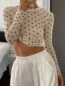 Dazy Tall Women's Round Neck Fitted Long Sleeve Casual Top With Flocked Polka Dot Mesh - Multicolor - View 7