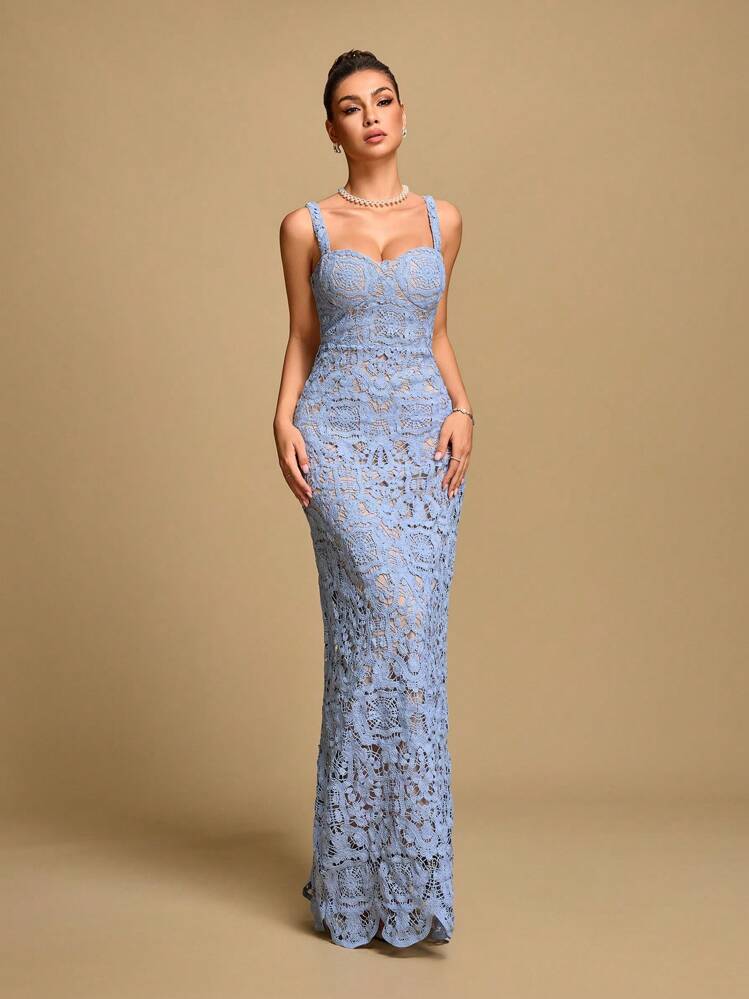 SHEIN Glamour Women's Elegant Formal Slim Fit Long Strap Dress - Aqua Blue - View 7