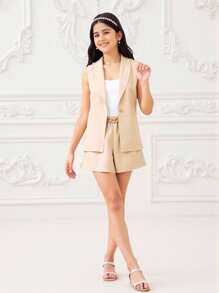 3 pièces/set Chemise sans manches à col rond pour préadolescentes, débardeur élégant à bretelles fines et shorts mode d'extérieur, été