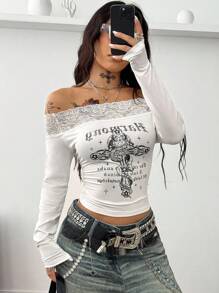 Coolane Women's Spring Witchy Goth Music Festival Cross Graphics Lace Patchwork Off The Shoulder Top ,X Mystic Heart - White - View 3