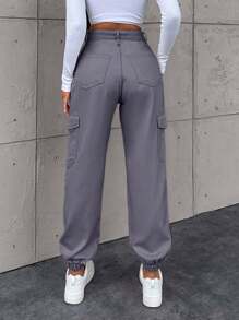EURMUSE Women's Casual Street Style Solid Color Flap Pocket Cargo Jogger Jeans - Dark Grey - View 2