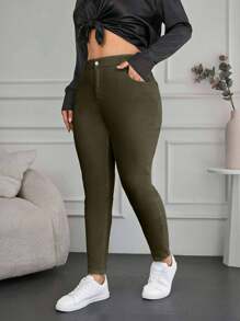 98%Cotton Plus High Waist Skinny Jeans - Green - View 3