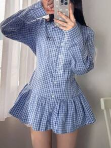 FRIFUL 女式格子衬衫，背部蝴蝶结，荷叶边下摆，刺绣蝴蝶结装饰，适合秋季格子上衣女式格子衬衫荷叶边上衣系带上衣格子衬衫长袖上衣 - 藍色 - 查看 5