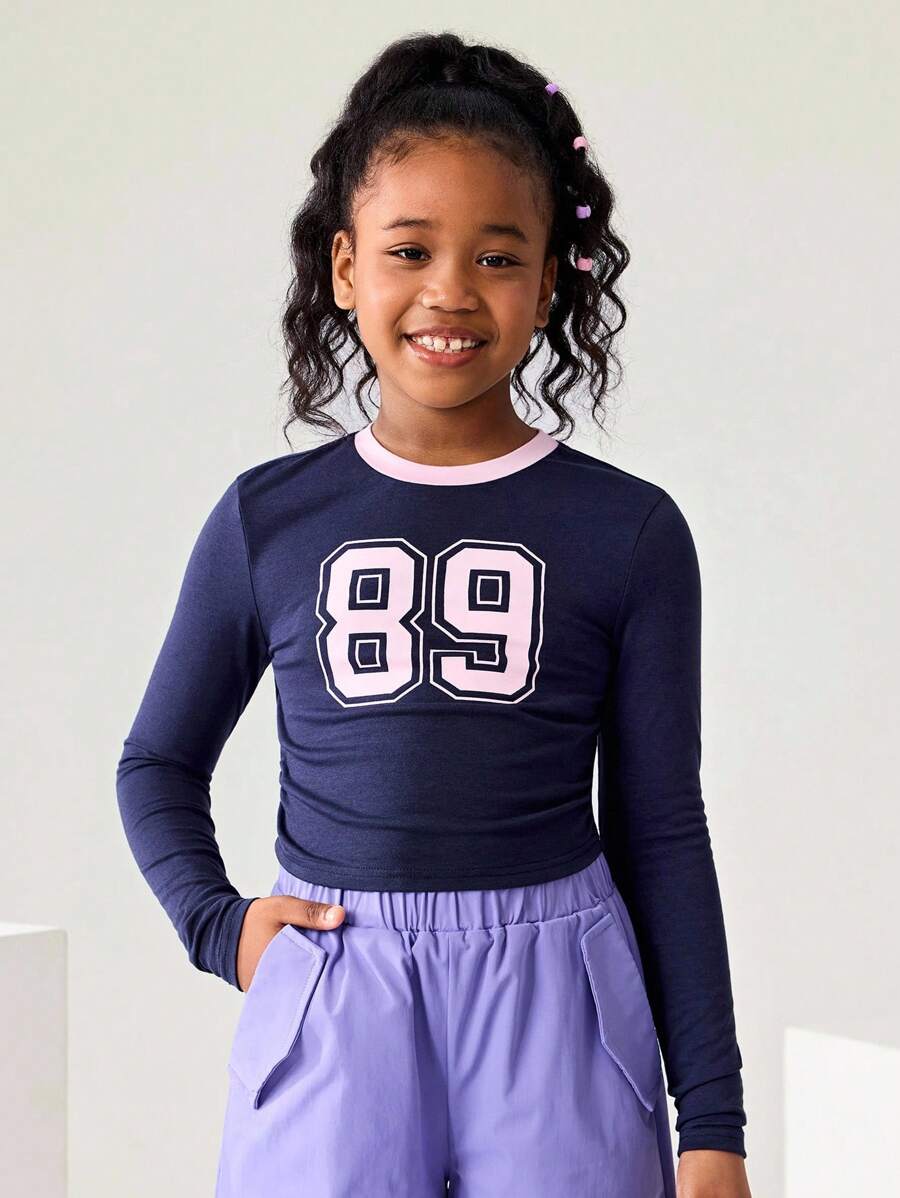JNSQ Tween Girls Crew Neck Funny Number Print Fitted Splice Contrast Color T-Shirt, Suitable For Autumn, Winter Daily Wear, Outdoor Activities, Vacation, Streetwear, Party And Casual - Blue - View 1