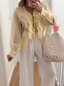 Serisse Back To School Clothes , Fall Women Clothes , Cute Tops Women , 2025 Old Money Aesthetic Pale Yellow Blouse With V-Neck Layered Ruffles & Tie Front - Lightweight Teachers For Women, Airport For Women, Versatile Fall Blouse For Daily Commute Winter Casual - Yellow - View 7