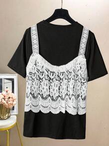 SHEIN Clasi Plus Size Women's Spring/Summer Knitted Lace Patchwork Round Neck Drop Shoulder Short Sleeve Loose Casual Fashion Elegant Chic T-Shirt For Daily Wear & Vacation Summer Women Clothes  Curve Plus   Vacation Women Clothes   Shein Curve
