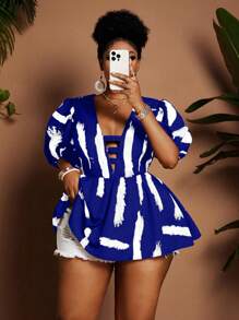 Maweii Plus Size V-Neck Puff Sleeve Printed Elegant Blouse - Blue - View 1