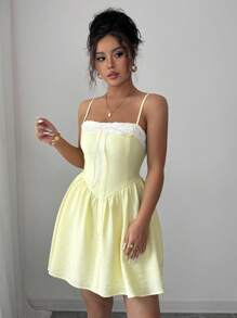 Elenzga Women Charming Romantic Woven Tie-Up Strap Mini Vacation Dress