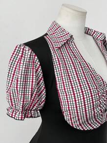 Flirla Plus Size Plaid Patchwork Cinched Waist Short Sleeve Shirt - Multicolor - View 3