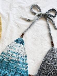 Soleia Gradient Color Sexy Strap V-Neck Hollow-Out Wood Bead Fitted Ladies Sweater Dress, Vacation Spaghetti Strap Backless Gradient Knitted Dress, Suitable For Holiday, Date, Afternoon Tea, Vacation, Music Festival, Bohemian