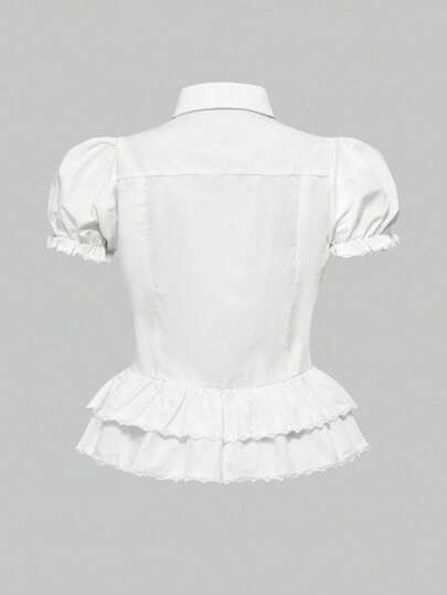 Kawaii Plus Size Women Solid Color Patchwork Ruffle Hem Short Puff Sleeve Fashion Blouse