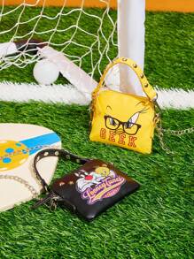 LOONEY TUNES X SHEIN Women's Fashion Personalized Minimalist Cool Streetwear Yellow Print Rivet Handbag, Shoulder Bag, Small Crossbody Bag (3-In-1 Style) - Yellow - View 4