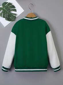Tween Girl Colorblock Button Applique Fashionable Long Sleeve Jacket Fall Winter - Dark Green - View 2