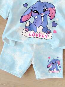 SHEIN 可爱卡通蓝兔和史迪奇图案，清新天蓝色扎染，女婴休闲简约圆领宽松短袖T恤和修身骑行短裤套装，适合春夏凉爽天气穿着，史迪奇主题女童服装，莉萝和史迪奇女童服装，女婴沙滩装，夏季母女两件套女婴夏季套装 - 彩色 - 查看 6