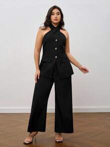 Chikora 大码女式休闲纯色时尚交叉吊带上衣和阔腿宽松裤套装秋季女装秋装返校服返校服返校节朴素复古服装女式复古风格韩版Tulum女士教师服装女式机场服装女式旅行服装机场复古风格女式街头服饰复古教师服装秋装秋装大码秋季服装商务休闲女装曲线乡村演唱会服装乡村服装女式休闲家居套装商务休闲女装曲线