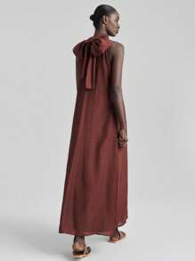 Ontre 2025 秋季新款女士长款连衣裙，围巾式领口和喇叭形，无袖二合一极其优雅的风格，包含醋酸纤维和亚麻，天丝材料，女士优雅连衣裙，度假连衣裙，极简主义连衣裙，休闲连衣裙，夏威夷风格秋季连衣裙