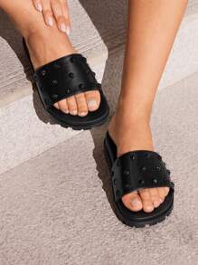 HighSole 女士夏季休闲纯色串珠平底乐福鞋 - 黑色 - 查看 3