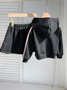 2pcs/Set Young Girl Solid Color Thermal Lined Loose Hoodie Sweatshirt And Mini Skirt Set - Black - View 8