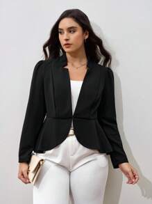 Chikora Plus Notched Detail Ruffle Hem Blazer,Business Casual Woman In Fall/Winter - Black - View 5