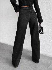 EURMUSE Jeans casual da donna a gamba dritta e morbidi con tasche, versatili - nero - Visualizzare 2