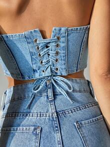 CLARA VERO Woman Back Lace Detailed Strapless Denim Top Denim Two Piece Outfits Denim Tube Top Jean Tube Top Denim Corset Top Jeans Top - Medium Wash - View 2