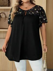 SHEIN CURVE+ 大码女式夏季花卉印花 V 领荷叶边短袖宽松妈妈衬衫大码上衣大码衬衫 8xl 女装 6xl 加大码女装大码休闲上衣秋季女装、冬季、CURVE PLUS - 彩色 - 查看 4