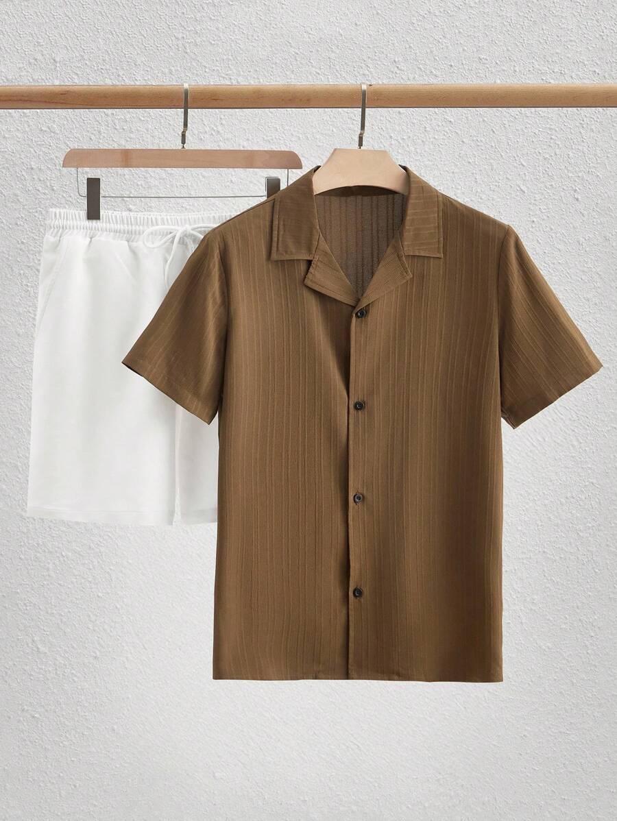 Mainfolk 2件套男士夏季简约通勤Polo领短袖衬衫套装男2件套男士2件套2件套男士夏季男士两件套棕色衬衫套装 - 彩色 - 查看 1