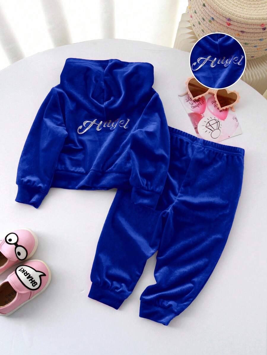 SHEIN 时尚可爱丝绒长袖连帽外套和松紧腰裤两件套女婴运动服休闲套装，蓝色丝绒运动服秋冬款 - 藏蓝色 - 查看 1