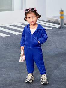 SHEIN 时尚可爱丝绒长袖连帽外套和松紧腰裤两件套女婴运动服休闲套装，蓝色丝绒运动服秋冬款 - 藏蓝色 - 查看 4