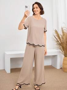 Miaspire Lässiger Khaki-Outfit, mit Stickerei- und Bordüren-Dekorationselementen, 2-teiliges Hemd & Hose Set, Vintage-Kleidung für Frauen, Old Money Stil für Frauen, Lehreroutfit für Frauen, Flughafen-Outfit für Frauen, Zweiteiler Hosen Set für Frauen, 2-teiliges Lässig Set für Frauen, Bluse und Hose Set für Frauen, Top und Hose Set für Frauen, Zweiteiler Outfit für Frauen