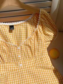 SHEIN EZwear Summer Casual Yellow & White Plaid Woven Ladies Blouse - Yellow - View 5