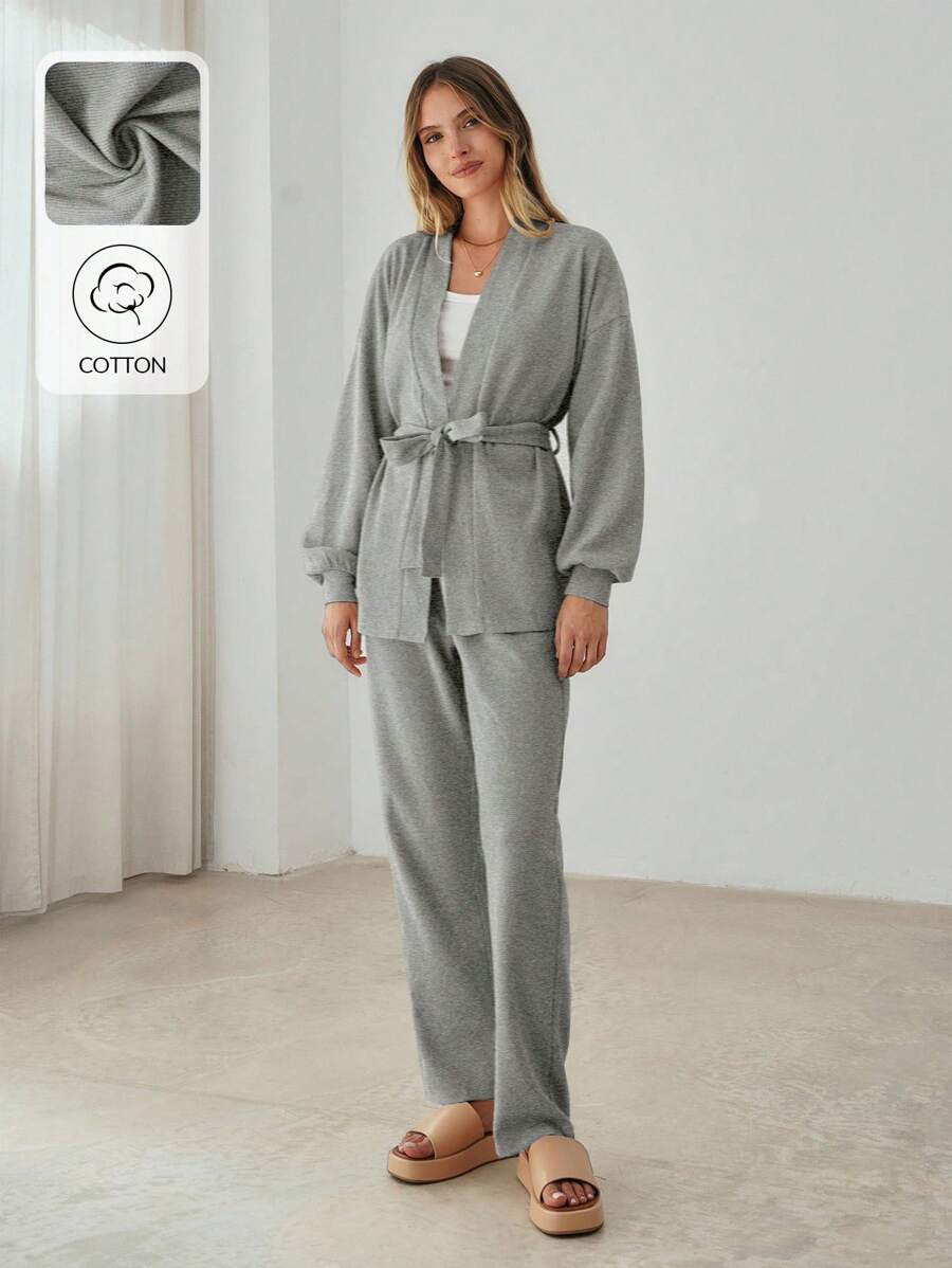 SHEIN Cottnline Cotton Drop Shoulder Belted Coat & Pants - Light Grey - View 1