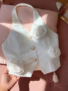 Comfortcana Women's Solid Color 3D Floral Decor Halter Neck Blouse - White - View 7