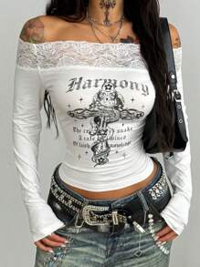 Coolane Women's Spring Witchy Goth Music Festival Cross Graphics Lace Patchwork Off The Shoulder Top ,X Mystic Heart - White - View 5