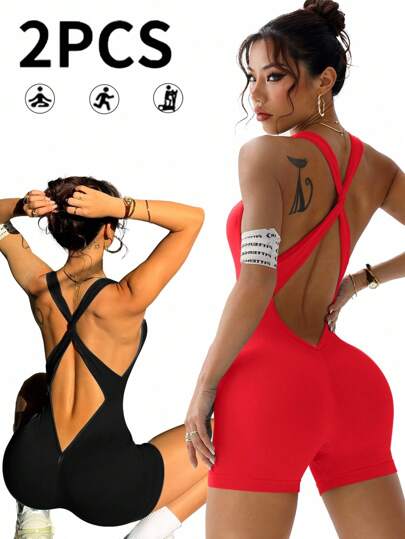 Slayoga 2PCS Women Plain Color Criss-Cross Strap Sleeveless Sports Jumpsuit